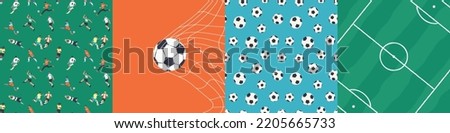 Set of diverse soccer player men athlete team pattern. Colorful retro football game illustration collection. Includes foot ball print, stadium field background and goal shot.