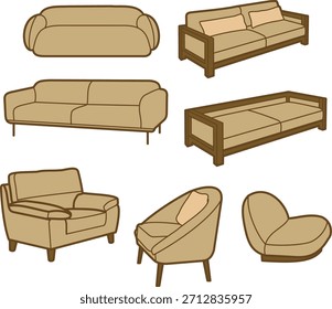 Un conjunto de diversas ilustraciones de sofá y sillón que muestran diferentes estilos y Formas para el diseño de interiores.