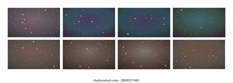 Set of diverse space backgrounds including colorful gas clouds, bright twinkling stars, deep universe vistas, astral light gradients, cosmic atmosphere designs for digital projects.