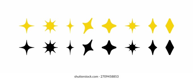 Conjunto de diversas partículas cintilantes, brilhantes e cintilantes. Ilustração de vetor estrela editável para design. Ícones de estrela de desenho animado abstrato. Elemento gráfico de efeito de brilho amarelo e preto. Luz piscando para IU, jogos