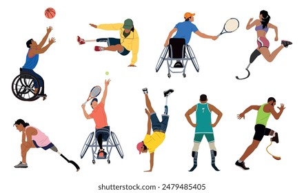 Set of diverse sport people with health conditions or impairments. Athletes participating in competition, running, playing tennis, basketball, soccer. Vector illustration isolated on white background.