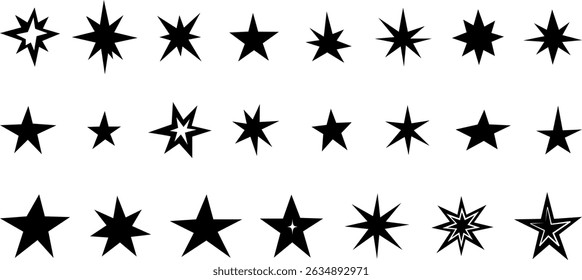 A set of diverse star icons in black and white, suitable for various graphic design projects.