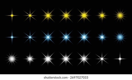 Un conjunto de diversas explosiones de estrellas y bengalas de luz en amarillo, azul y blanco, sobre un fondo negro, perfecto para añadir un toque de brillo.