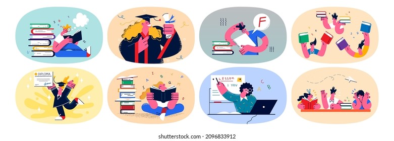 Set of diverse students learn with textbooks study online on laptop in distant college. Bundle of learners young people graduate from virtual university. Remote education. Vector illustration. 