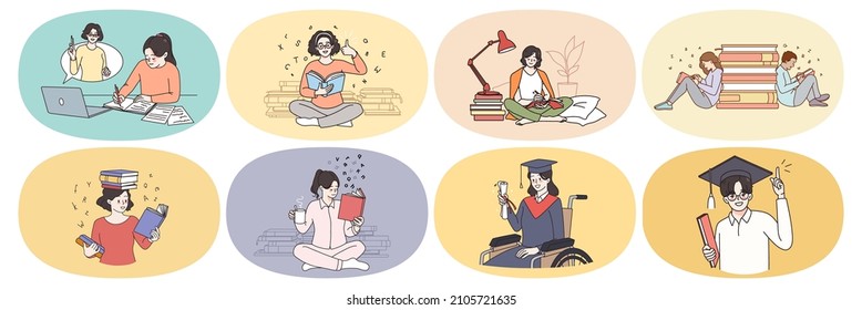 Set of diverse students learn with textbooks, engaged in online training on computer. Collection of young people study with books prepare for exam. Education concept. Flat vector illustration. 