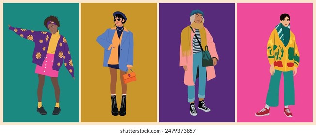 Set of diverse stylish young women dressed in vintage clothes. Casual street fashion autumn warm outfits.  Flat colorful vector realistic illustration isolated on colorful background.