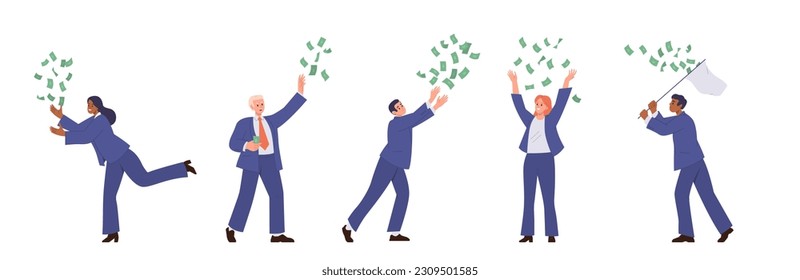 Set of diverse successful business people characters catching money standing under falling cash rain