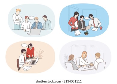 Set of diverse successful businesspeople work collaborate at team meeting at workplace. Bundle of employees or business partners cooperate in office. Teamwork. Vector illustration. 