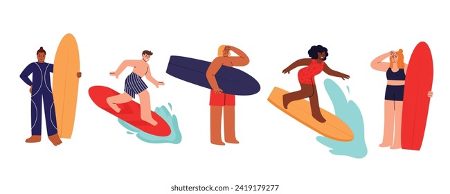 Set with diverse surfing people. Extreme water sport enthusiasts. Hand drawn vector illustrations in flat design, isolated on white