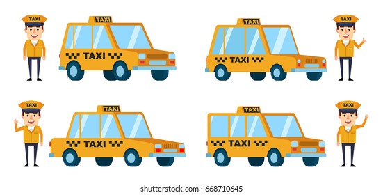 Set of diverse taxi cars and drivers. Funny taxi driver posing near car and showing various hand gestures. Simple vector illustration