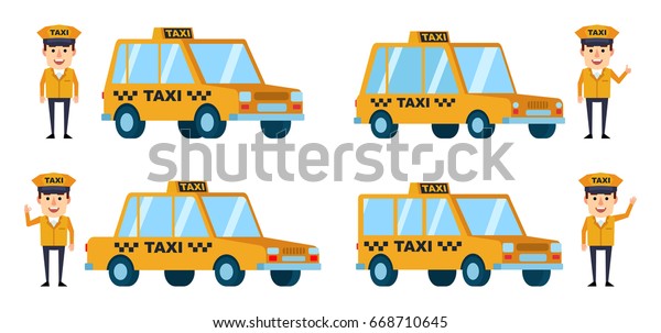 Set of diverse taxi cars and drivers. Funny\
taxi driver posing near car and showing various hand gestures.\
Simple vector illustration