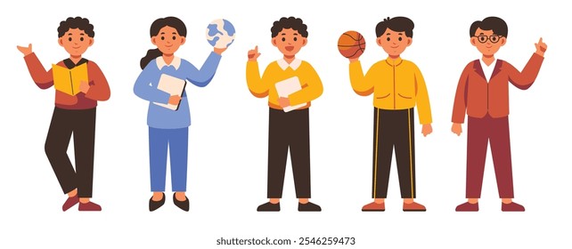 A set of diverse teacher and student characters, featuring books, a globe, basketball, and academic themes, designed in a vibrant and modern style.