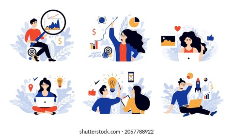 Set of diverse team colleague vector flat illustration. Finance prediction, trends forecast and business strategy analytics flat vector illustration set