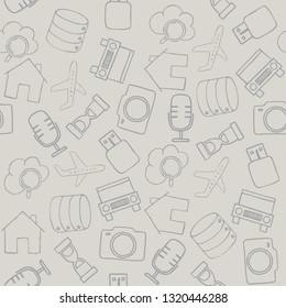Set of diverse technological items and equipment doodle icons. Seamless pattern. Vector illustration