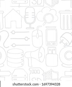 Set of diverse technological items and equipment doodle icons. Seamless pattern. Vector illustration