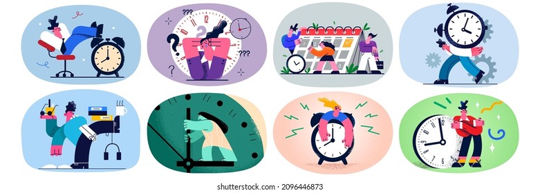 Set of diverse tired businesspeople near clock overwhelmed with workload in office. Collection of employees stressed with work, manage to meet deadline. Time management. Flat vector illustration. 