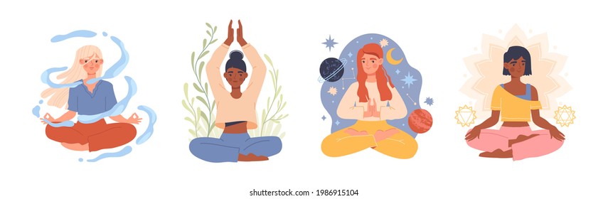 Set of diverse tranquil women with croosed legs meditating in yoga lotus posture or asana. Meditation practice. Zen, harmony concepts. Flat cartoon vector illustration isolated on white background