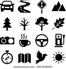 Set of diverse travel and outdoor activity icons featuring vehicles roads nature photography and landmarks