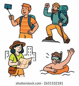 Conjunto de viajantes diversos em ação. Turístico de Selfie, montanhista, explorador da cidade e nadador de snorkeling. Perfeito para aplicativos de viagem, guias, blogs e gráficos com temas de férias.