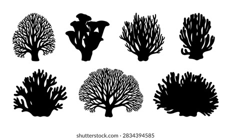 A set of diverse tree silhouettes showcasing different shapes and sizes in black, emphasizing natural forms and botanical diversity.