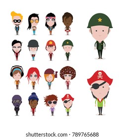 Set of diverse vector avatars with different hairstyles and clothes on white background