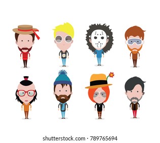 Set of diverse vector avatars with different hairstyles and clothes on white background