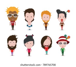 Set of diverse vector avatars with different hairstyles and clothes on white background