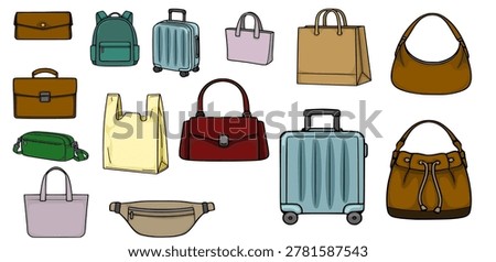 Set of diverse vector bags and luggage, isolated on white background