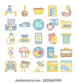 Set of diverse vector icons depicting various aspects of daily life, including food, medicine, finance, travel, nature, transport, and scientific concepts