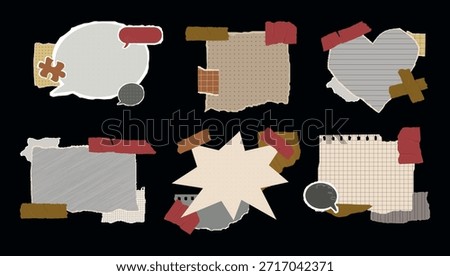 Set of diverse vintage paper collage elements with torn edges, masking tape, and textures. Scrapbook aesthetic frames, speech bubbles, and note templates.