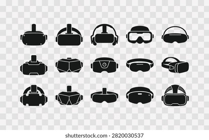 Set of diverse virtual reality headset icons, including various vr and ar device shapes for immersive technology and gaming applications