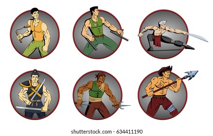 Set of diverse warriors illustrations. Board game characters, martial art master, fighter. Vector illustration