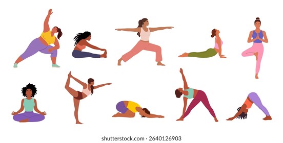 Set of diverse women in colorful sportswear performing yoga poses and exercises. Fitness illustration in modern flat style, perfect for wellness, health, and workout-related designs