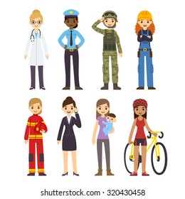 Set of diverse women of different professions: policeman, fireman, doctor, soldier, construction worker, businessman, athlete and stay at home mom. Cute cartoon vector illustration.