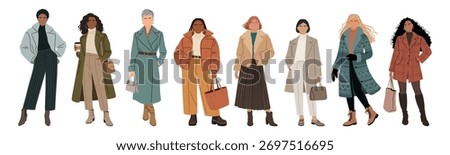 Set of diverse women in fall and winter fashion. Minimalist flat style with muted tones of teal, olive, rust, and beige. Modern vector illustration  isolated on white background.