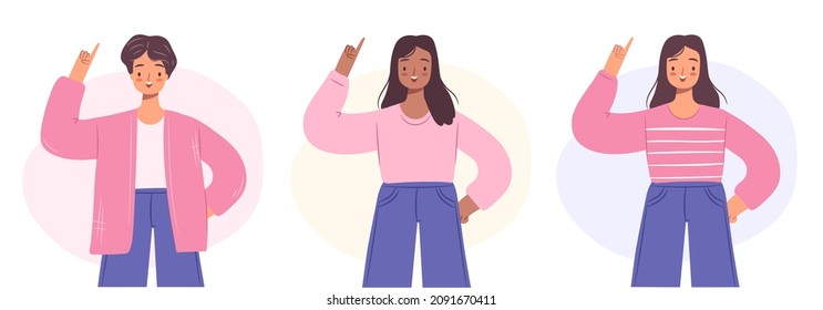 Set of diverse women having ideas. Girl showing gesture. Vector character illustration.