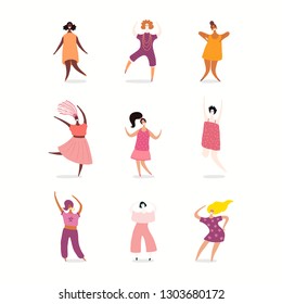 Set of diverse women. Isolated objects on white background. Hand drawn vector illustration. Flat style design. Concept, element for feminism, girl power, womens day card, poster, banner.