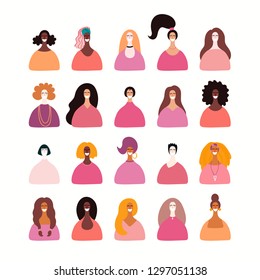 Set of diverse women portraits. Isolated objects on white background. Hand drawn vector illustration. Flat style design. Concept, element for feminism, girl power, womens day card, poster, banner.