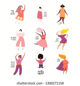 Set of diverse women, quotes about girl power, feminism. Isolated objects on white background. Hand drawn vector illustration. Flat style design. Concept, element for womens day card, poster, banner.