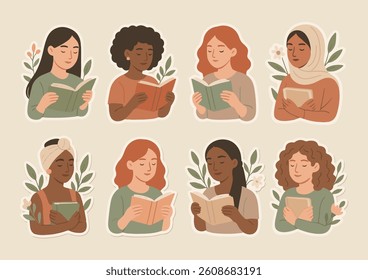 Set of diverse women reading, surrounded by leaves, flowers, and books. Botanical pastel sticker-style illustrations with a warm, modern aesthetic and white outlines.