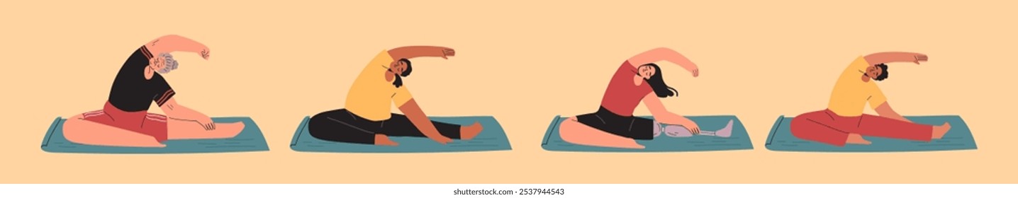 Set of diverse women  stretching isolated. Physical activity concept. Vector hand drawn illustration