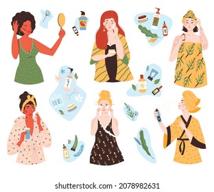 Set of diverse women and their skin care routine, flat vector illustration isolated on white background. Collection of beauty products - cream, lotion, face roller and serum.