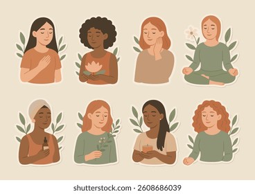 Set of diverse women with unique hairstyles surrounded by botanical and wellness elements. Flat vector sticker-style in soft pastel colors with a calming, organic aesthetic.