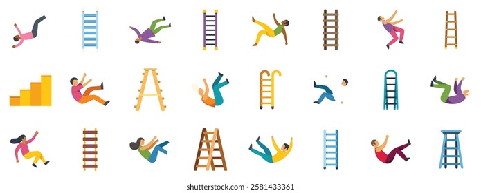 Set of diverse workers falling from ladders and stairs, representing workplace accidents, safety issues, and risks of injury