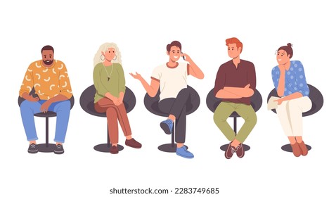 Set of diverse young adult people characters sitting on chairs talking, relaxing or listening