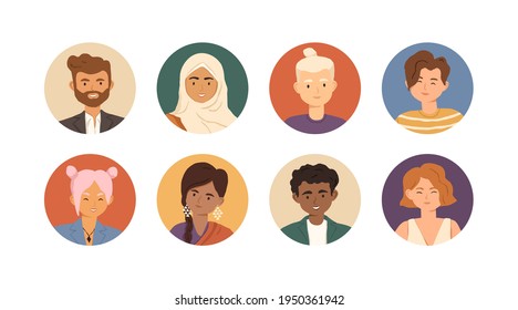 Set of diverse young people avatars with happy faces in circles isolated on white background. Person portrait for user account and profile. Colored flat vector illustration of man and woman's icons