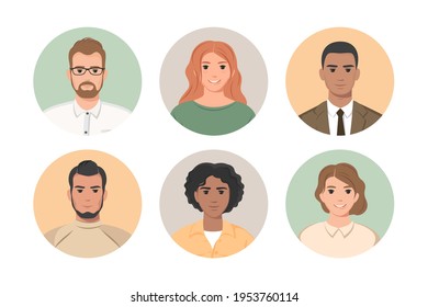 Conjunto de avatares de gente joven diversa en círculos aislados en fondo blanco. Caras de personajes masculinos y femeninos para la cuenta de usuario y el perfil. Ilustración vectorial en estilo