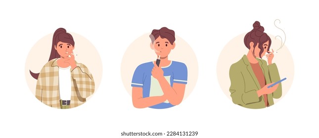 Set of diverse young people character smoking cigarettes or vaping vector illustration