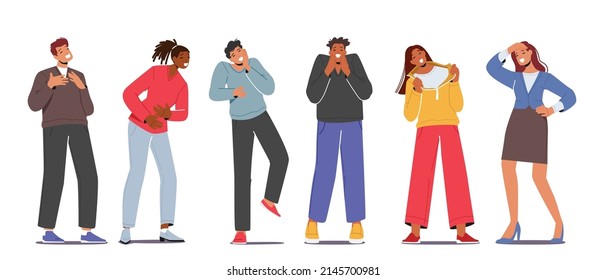 Set of Diverse Young People Laughing at Something Funny. Multiracial Men and Women Characters Crying of Laughter Stand in Row Isolated on White Background. Cartoon People Vector Illustration