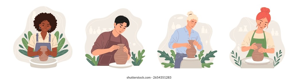 Set of diverse young people of various nationalities, ethnicities creating pottery on wheels. Ideal for promoting hobby, art class, workshop and creative communities. Modern flat vector illustration.